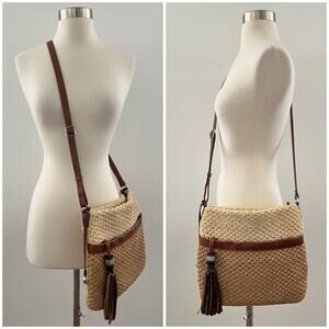 Brighton Vintage Handwoven Crossbody Straw Bag Colorblock Leather Tassel Leopard